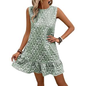 imageSOLY HUX Womens Ruffle Hem Sleeveless Tank Dress Round Neck Casual Jacquard Hem Smock Summer Mini DressesLight Green