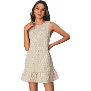 imageSOLY HUX Womens Ruffle Hem Sleeveless Tank Dress Round Neck Casual Jacquard Hem Smock Summer Mini DressesPlain Beige