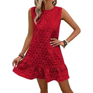 imageSOLY HUX Womens Ruffle Hem Sleeveless Tank Dress Round Neck Casual Jacquard Hem Smock Summer Mini DressesPlain Red
