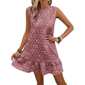 imageSOLY HUX Womens Ruffle Hem Sleeveless Tank Dress Round Neck Casual Jacquard Hem Smock Summer Mini DressesRusty Rose