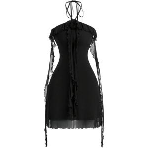 imageSOLY HUX Womens Summer Dresses Halter Bodycon Irregular Ruffle Trim 3D Flower Cami Mini Party Club DressBlack