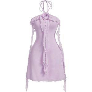 imageSOLY HUX Womens Summer Dresses Halter Bodycon Irregular Ruffle Trim 3D Flower Cami Mini Party Club DressLilac Purple