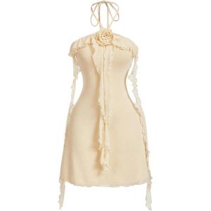 imageSOLY HUX Womens Summer Dresses Halter Bodycon Irregular Ruffle Trim 3D Flower Cami Mini Party Club DressPlain Apricot