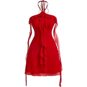 imageSOLY HUX Womens Summer Dresses Halter Bodycon Irregular Ruffle Trim 3D Flower Cami Mini Party Club DressPlain Red