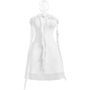 imageSOLY HUX Womens Summer Dresses Halter Bodycon Irregular Ruffle Trim 3D Flower Cami Mini Party Club DressPlain White