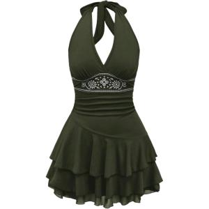 imageSOLY HUX Womens Summer Halter Backless Mini Dress Flowy Sleeveless V Neck Tie Back A Line Western Casual Sun DressesArmy Green Printed