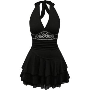 imageSOLY HUX Womens Summer Halter Backless Mini Dress Flowy Sleeveless V Neck Tie Back A Line Western Casual Sun DressesBlack Printed