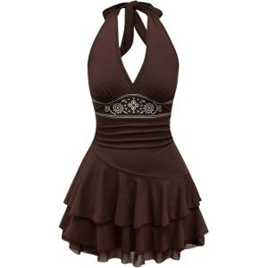 imageSOLY HUX Womens Summer Halter Backless Mini Dress Flowy Sleeveless V Neck Tie Back A Line Western Casual Sun DressesBrown Printed