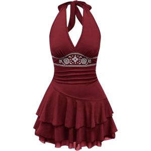 imageSOLY HUX Womens Summer Halter Backless Mini Dress Flowy Sleeveless V Neck Tie Back A Line Western Casual Sun DressesBurgundy Printed