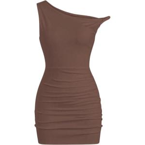 imageSOLY HUX Womens Summer Mini Dresses Off The Shoulder Ruched Bodycon Graduation Dress Sexy Going Out Party Club OutfitsPlain Brown
