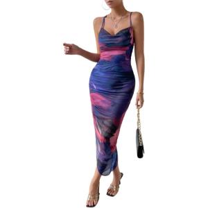 imageSOLY HUX Womens Tie Dye Cowl Neck Split Hem Bodycon Cami Dress Backless Long DressesPurple Multi