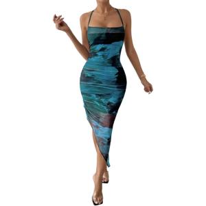 imageSOLY HUX Womens Tie Dye Cowl Neck Split Hem Bodycon Cami Dress Backless Long DressesTeal Blue