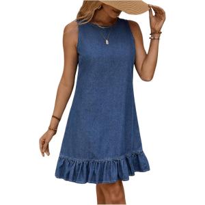imageSOLY HUX Womens Denim Dress Sleeveless Button Back Ruffle Short Jean Dresses Cute Summer Tank DressPlain Blue