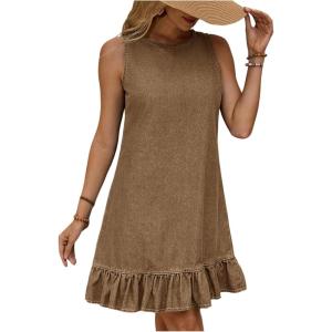 imageSOLY HUX Womens Denim Dress Sleeveless Button Back Ruffle Short Jean Dresses Cute Summer Tank DressPlain Khaki
