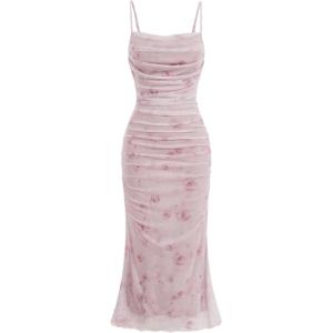 imageSOLY HUX Womens Floral Print Mesh Ruched Bodycon Cami Dress Spaghetti Strap Summer Long DressesApricot Floral