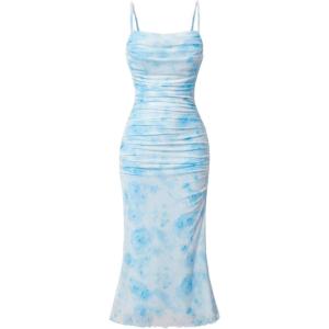 imageSOLY HUX Womens Floral Print Mesh Ruched Bodycon Cami Dress Spaghetti Strap Summer Long DressesBlue Floral