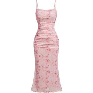 imageSOLY HUX Womens Floral Print Mesh Ruched Bodycon Cami Dress Spaghetti Strap Summer Long DressesPink Floral
