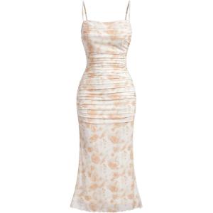 imageSOLY HUX Womens Floral Print Mesh Ruched Bodycon Cami Dress Spaghetti Strap Summer Long DressesYellow Floral