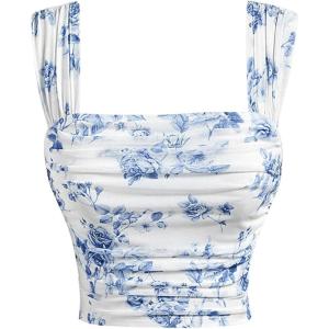 imageSOLY HUX Womens Floral Print Tank Tops Square Neck Sleeveless Going Out Tops Double Lined Summer Crop Tank TopsBlue and White Floral