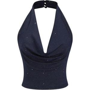 imageSOLY HUX Womens Halter Top Sparkly Sexy Backless Party Crop Tops Club Rave Festival Outfits BlackDark Blue