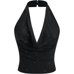 imageSOLY HUX Womens Halter Top Sparkly Sexy Backless Party Crop Tops Club Rave Festival Outfits BlackPure Black
