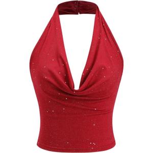 imageSOLY HUX Womens Halter Top Sparkly Sexy Backless Party Crop Tops Club Rave Festival Outfits BlackPure Red