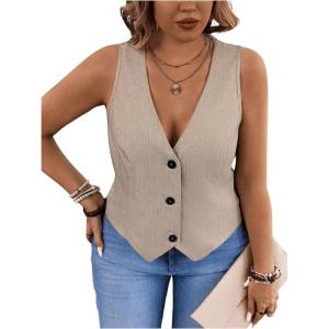 imageSOLY HUX Womens Plus Size Button Up Suit Vest Blazer V Neck Sleeveless WaistcoatPlain Apricot