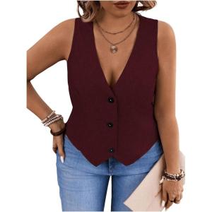 imageSOLY HUX Womens Plus Size Button Up Suit Vest Blazer V Neck Sleeveless WaistcoatPure Burgundy