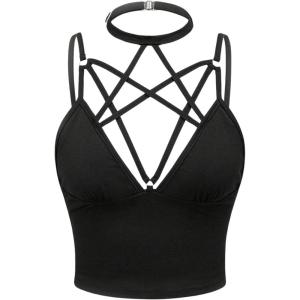imageSOLY HUX Gothic Tops for Women Criss Cross Crop Tops Y2K Party Club Rave Concert Outfit with ChokerPure Black