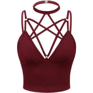 imageSOLY HUX Gothic Tops for Women Criss Cross Crop Tops Y2K Party Club Rave Concert Outfit with ChokerSolid Burgundy