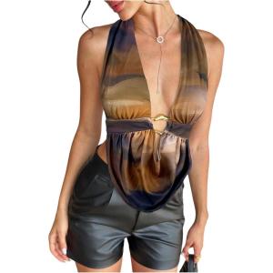 imageSOLY HUX Womens Sexy Halter Going Out Top Open Back Deep V Neck Sleeveless Vest Tank Tops Party ClubwearBrown Multi