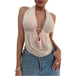 imageSOLY HUX Womens Sexy Halter Going Out Top Open Back Deep V Neck Sleeveless Vest Tank Tops Party ClubwearPure Apricot