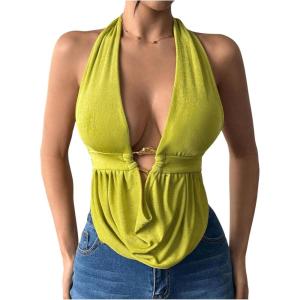 imageSOLY HUX Womens Sexy Halter Going Out Top Open Back Deep V Neck Sleeveless Vest Tank Tops Party ClubwearPure Green