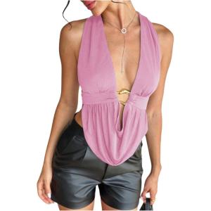 imageSOLY HUX Womens Sexy Halter Going Out Top Open Back Deep V Neck Sleeveless Vest Tank Tops Party ClubwearPure Pink