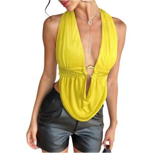imageSOLY HUX Womens Sexy Halter Going Out Top Open Back Deep V Neck Sleeveless Vest Tank Tops Party ClubwearPure Yellow
