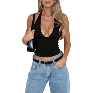 imageSOLY HUX Womens Y2K Halter Crop Tops V Neck Sleeveless Backless Going Out Slim Fit TopsPure Black