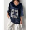 imageSOLY HUX Jersey Shirts for Women Y2k Oversized Graphic Tees V Neck Half Sleeve Cute Soccer Streetwear TopsDark Blue Letter
