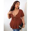 imageSOLY HUX Plus Size Women Sexy Half Zip Up Low Cut Short Sleeve Ruffle Babydoll Peplum TopsRust Brown