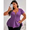 imageSOLY HUX Plus Size Women Sexy Half Zip Up Low Cut Short Sleeve Ruffle Babydoll Peplum TopsSolid Purple