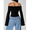 imageSOLY HUX Womens Long Bell Sleeve Crop Top Off The Shoulder Going Out Tops Sexy Y2K Fitted Tee ShirtsPure Black