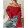imageSOLY HUX Womens Long Bell Sleeve Crop Top Off The Shoulder Going Out Tops Sexy Y2K Fitted Tee ShirtsSolid Red