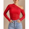 imageSOLY HUX Womens Off The Shoulder Tops Long Sleeve Ruched Sheer Tee Shirts Asymmetrical Slim Fit Going Out Tee TopSolid Red