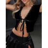 imageSOLY HUX Womens Y2k Lace Leopard Print Tee Crop Tops Deep V Neck Tie Front Short Sleeve T ShirtPlain Black