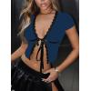 imageSOLY HUX Womens Y2k Lace Leopard Print Tee Crop Tops Deep V Neck Tie Front Short Sleeve T ShirtPlain Dark Blue
