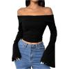 imageSOLY HUX Womens Long Bell Sleeve Crop Top Off The Shoulder Going Out Tops Sexy Y2K Fitted Tee ShirtsPure Black