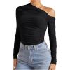 imageSOLY HUX Womens Off The Shoulder Tops Long Sleeve Ruched Sheer Tee Shirts Asymmetrical Slim Fit Going Out Tee TopPure Black