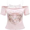 imageSOLY HUX Womens Y2K Coquette Aesthetic Crop Tops Summer Kawaii Clothes Cute Lace Bow Cold Shoulder Graphic TeesPink Graphic