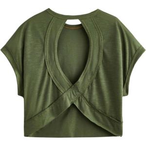 imageSOLY HUX 2024 Open Back Tops for Women Criss Cross Cut Out Tee Backless Casual Short Sleeve Round Neck T ShirtPlain Army Green