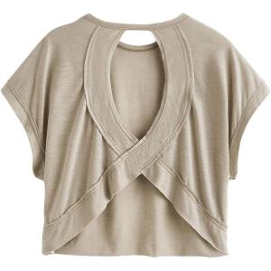imageSOLY HUX 2024 Open Back Tops for Women Criss Cross Cut Out Tee Backless Casual Short Sleeve Round Neck T ShirtPlain Brown