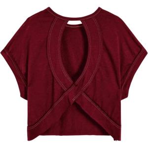 imageSOLY HUX 2024 Open Back Tops for Women Criss Cross Cut Out Tee Backless Casual Short Sleeve Round Neck T ShirtPlain Burgundy